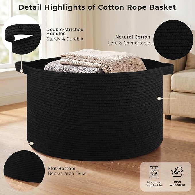 OIAHOMY 90L Extra Large Blanket Basket - Decorative Cotton Rope Storage Basket for Bedroom, Living Room & Nursery - Woven Laundry Hamper for Organizing Blankets, Clothes & Toys - Black