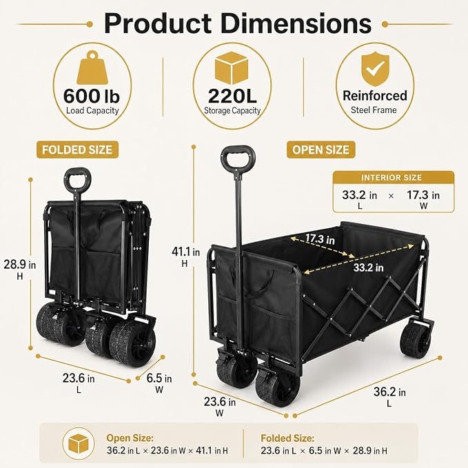 Wagons Carts Foldable Heavy Duty, 600 lb Tank Wheel Wagon with Brakes | Tank wheel utility wagon for groceries, beach, camping, garden and moving; 220L storage, all-terrain wheels and dual brakes