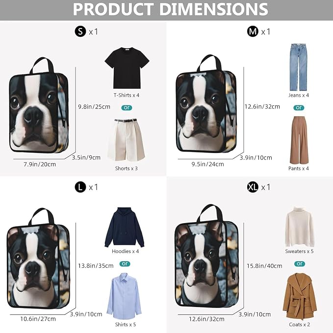 4 Set Terrier-Dog-Pet Compression Packing Cubes | Polyester Fabric, Expandable Design, Double Zipper Compression, Water-Resistant Surface, Travel Organizer Bags For Luggage