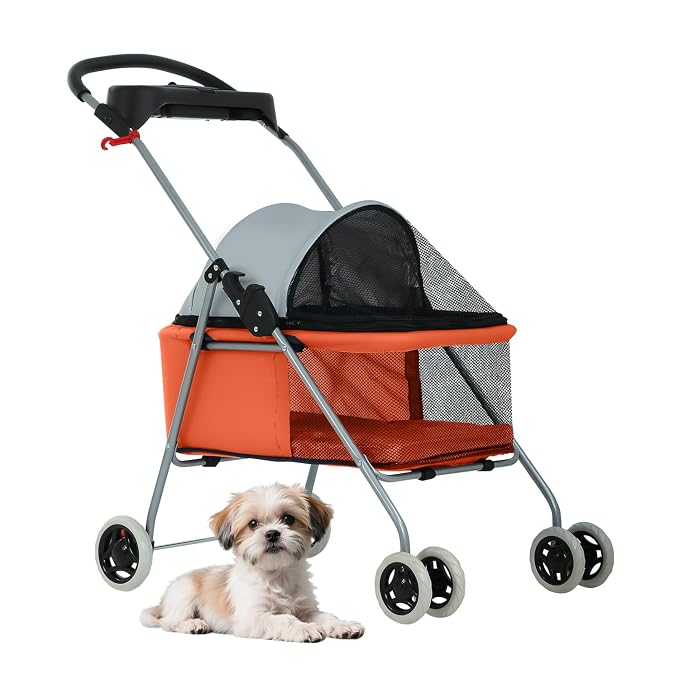 BestPet Foldable Pet Stroller for Small/Medium Dogs and Cats Up to 33 lbs | 4-Wheel Stroller Pet Strolling Cart w/ Breathable Mesh, Lockable Rear Wheels, Cup Holder/Tray & Storage Box, Orange