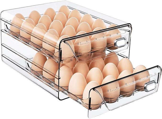 HIYOHIYO Clear 40 Grid Egg Holder for Fridge, with Drawers, 2-Tier | with Time Scale Marking | Large Capacity | Stackable | Sturdy Eggs Container for Refrigerator and Countertop