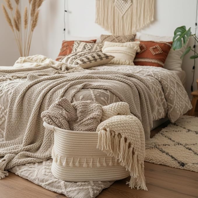 TeoKJ White Cotton Rope Baskets for Storage, Set of 3 Woven Clothes Basket for Organizing and Storage, Blanket Basket for Living Room Laundry Bathroom Shelves