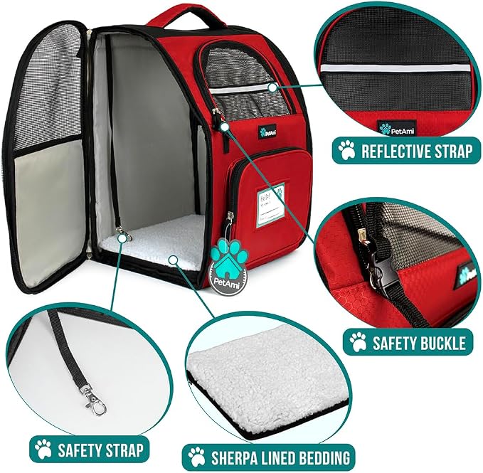 PetAmi Dog Backpack Carrier Airline Approved Cat Pet Puppy Bag, Red | Ideal for Small Medium Large Pet up to 18 lb, 2 Side Entry Structured No-Collapse Frame, Ventilated Bookbag for Hiking Travel