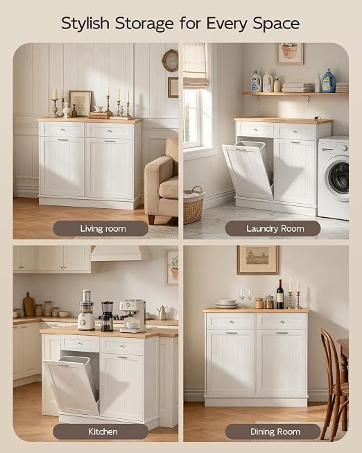 Betterhood Double Tilt Out Trash Cabinet with Power Outlet & USB, Hidden Garbage Can Holder with 2 Storage Drawers, Wooden Laundry Hamper for Kitchen, Bathroom, Living Room, White
