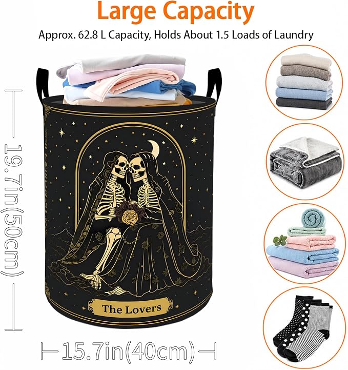 Gothic Skull Laundry Basket, Skeleton Couple Oxford Cloth Dirty Clothes Collapsible Hamper for Room Decor, Goth Halloween Gifts, Toy Organizer 19.7 x 15.7 Inches for Bedroom Bathroom Dorm