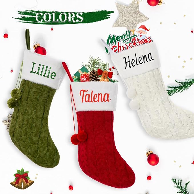 Personalized Christmas Stockings, Custom Name Knit Ball Christmas Stockings, 16" Xmas Stockings Hanging Ornament for Holiday Fireplace Decoration (5 Pcs)