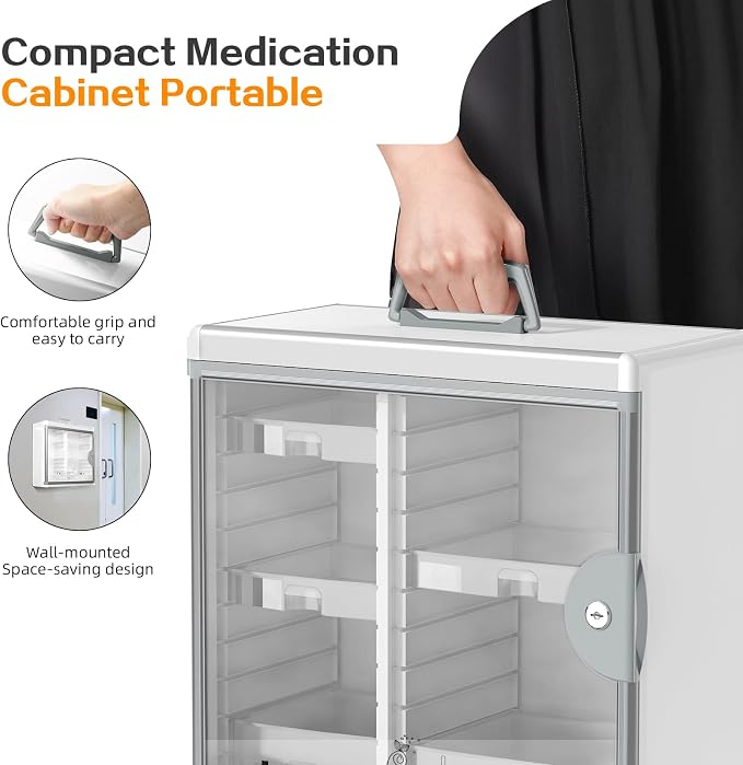Lockable Medicine Cabinet with 5 Removable Trays, Wall Mounted & Portable Locking Medicine Cabinet Organizer with Key Lock for Home, Bathroom, Office - Aluminum Frame(13.6x6.5x12.4Inch)