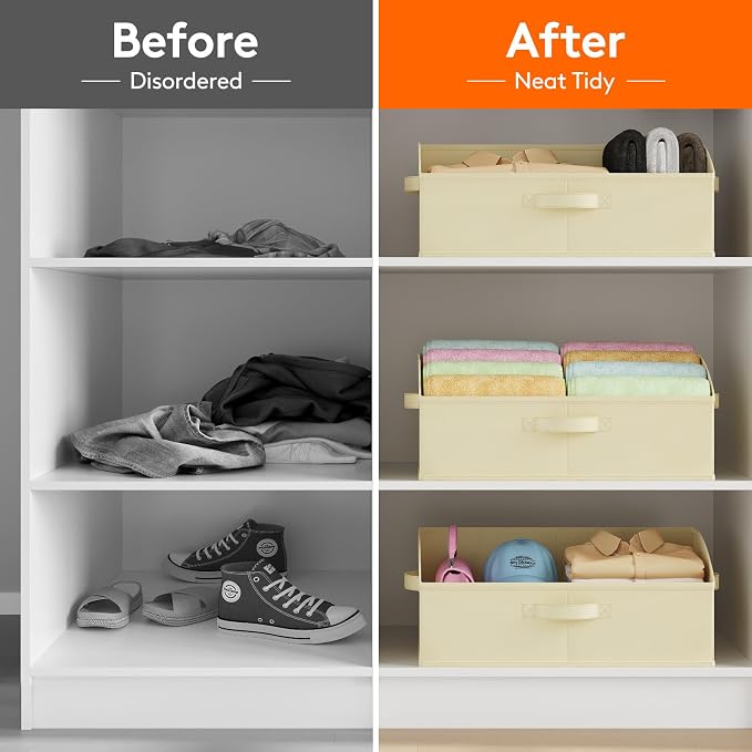 Lifewit Trapezoid Closet Storage Bin for Shelf, 6 Packs 23L, Beige | Non-woven Closet Organizer Baskets with Handles, Foldable Clothes Containers Boxes for Clothing, Book, Purse, Extra Large