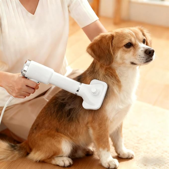 Dog Grooming Dryer with Slicker Brush, 3 in 1 Professional Portable Pet Dryer for Dogs Cats Adjustable Temperature Speed Settings, Pet Blow Brush for Home Travel Use (White)