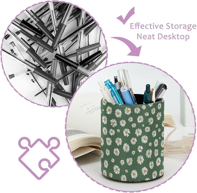 Faux Leather Pen Holder for Desk, Pencil Organizer Daisy Pen Cup Desk Decor Makeup Brush Holder Storage for Office Home