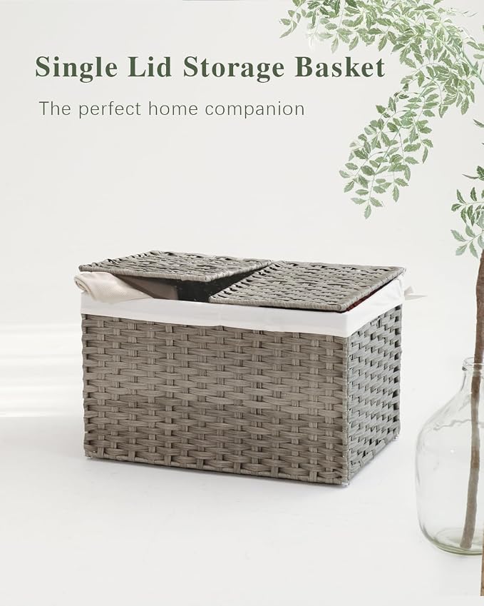 SETVSON Storage Basket with Lid, PE Rattan Woven Storage Bin, Gray | Dual Lid Blanket & Clothes Organizer, Divided Storage Bin, 2 Washable Liner Bags, Collapsible PE Rattan Trunk