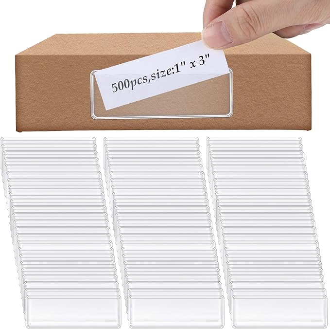500 Pcs Label Holder Self Adhesive Clear Pocket Bulk 3x3 Inch | Plastic Sticking Shelf Tag for Shelf, Cabinet, Storage Bin Organization, Easy Peel Stick, PVC, Waterproof and Reliable