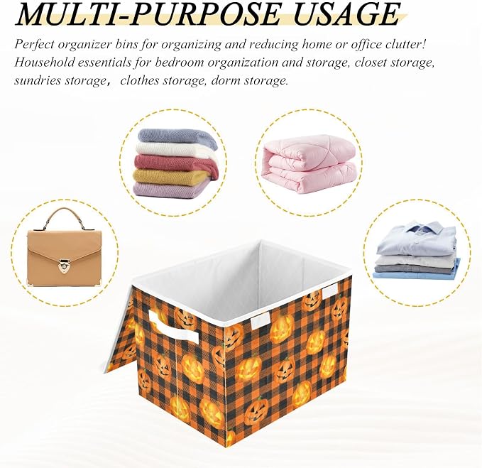 Storage Bins with Lid Halloween Pumpkin Foldable Storage Boxes 40L Baskets | Decorative Storage Boxes, 300D Oxford Cloth, Hollow Board Frame, Flip Top Velcro Lid, 16.5x12.6x11.8 inch, Collapsible Design