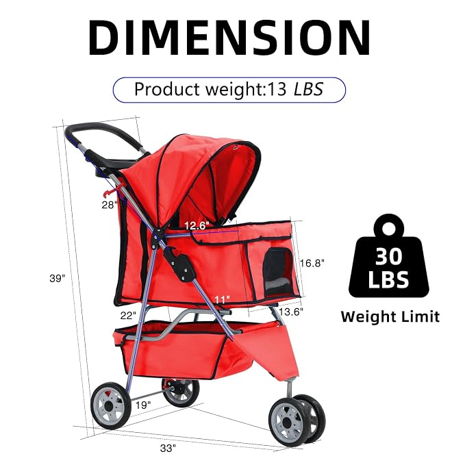 Redcat 3-Wheel Folding Dog & Cat Stroller - Waterproof, Cup Holder & Removable Liner, Medium & Small Pets