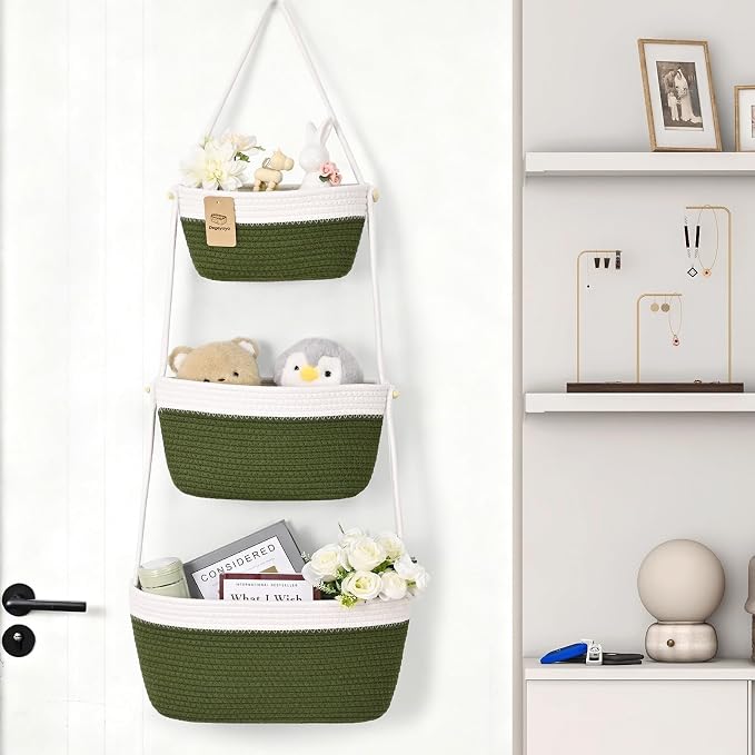 Hanging Basket, 3-Tier Woven Wall Basket with 4 Hooks, Cotton Rope Storage Baskets, Over the Door Organizer for Nursery, Bedroom, Cottage and Boho Wall Decor