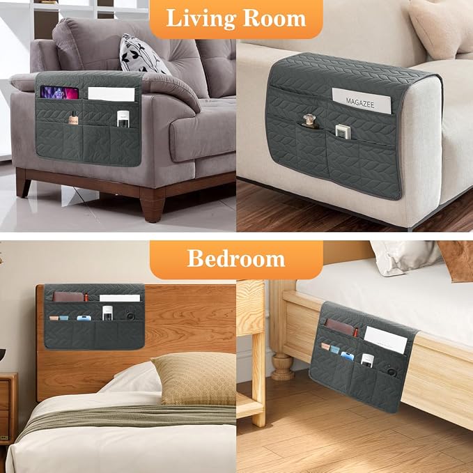 Sofa Armrest Organizer Arm Chair Caddy for Recliner, Remote Control Holder for Recliner, Non-Slip Armchair Caddy with 6 Pockets Storage for Magazine, Tablet, Phone, Dark Grey