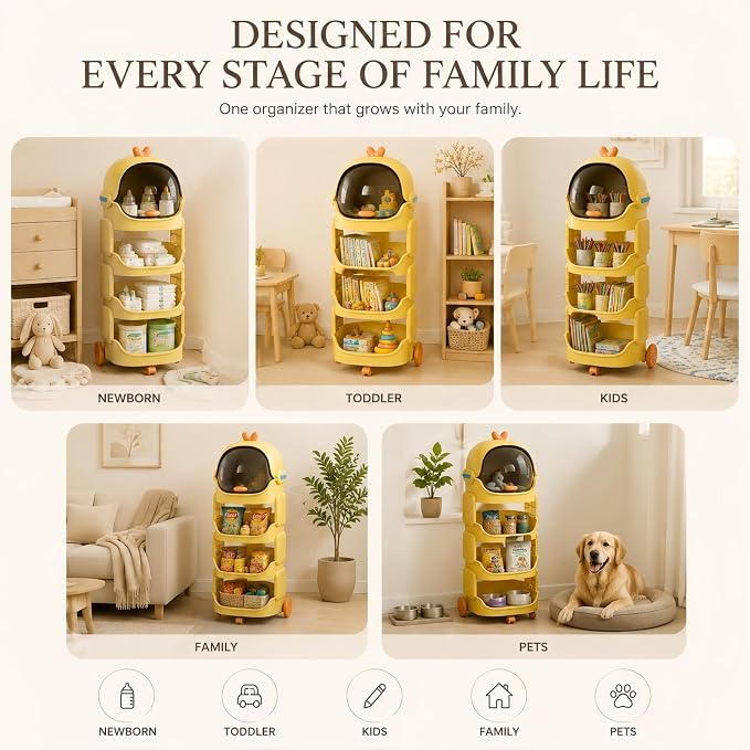 Rolling Toy Organizer with Lockable Wheels, 4-Tier Large Storage Shelf with Dustproof Top Bin, Mobile Kids Organizer for Toys, Books, Baby Essentials, Playroom, Nursery & Classroom