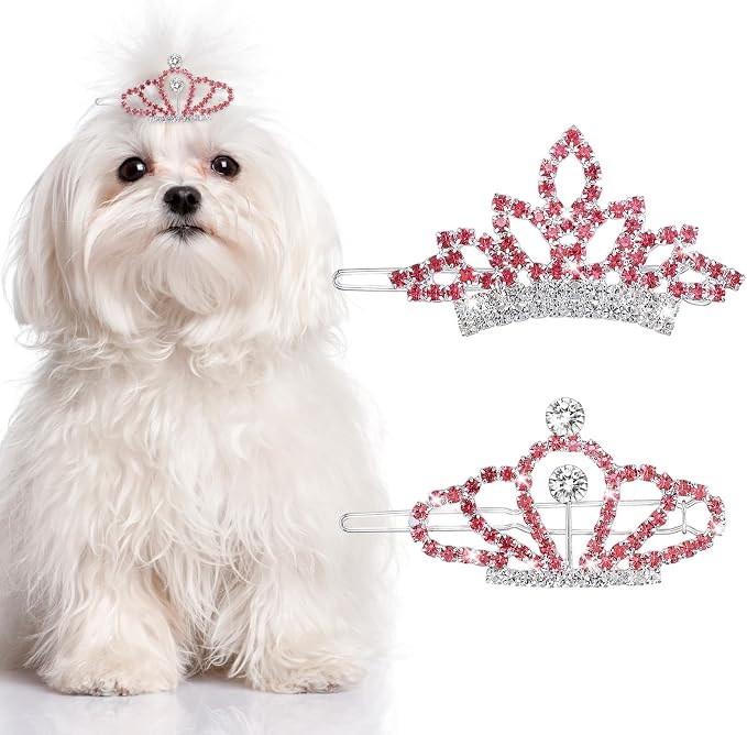 2Pcs Gem Rhinestone Dog/Cat Tiara Crown, Crystal Rhinestone Hair Accessories, Tiara Clips for Rolyal Family Costume Hair Accessories (Pink)