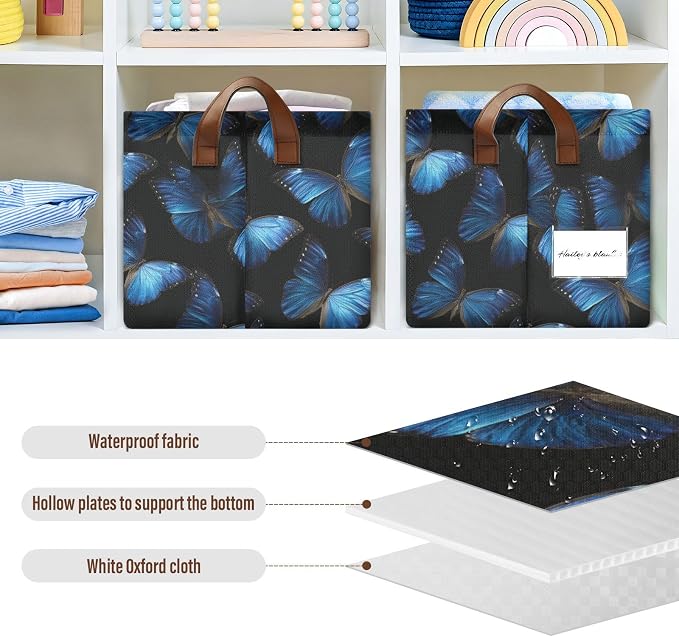 Black Background Blue Butterflies Storage Basket Foldable Cube Storage Bins with Handles&Label Waterproof Collapsible Organizer Box Bin Large Rectangle Decorative Baskets for Shelves Home Room Laundry