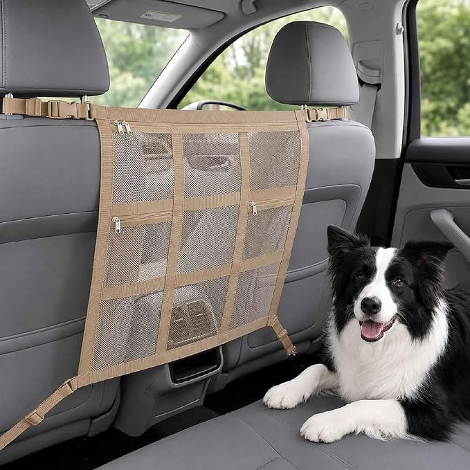 Dog Car Barrier for VW Caddy 2003-2020, Pet Net Organizer | Front Rear Seat Mesh Divider | Breathable Safety Partition | Travel Fence Adjustable Straps | Storage Pockets | Secure Hook