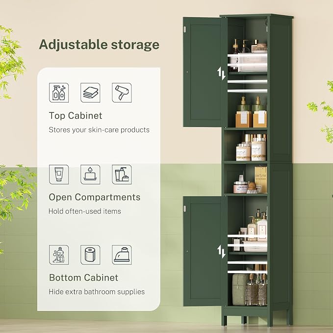 TEENFON 67" Tall Bathroom Cabinet with Adjustable Shelves and Doors, Narrow Bathroom Storage Cabinet for Small Space, Living Room, Entryway, Kitchen, Green