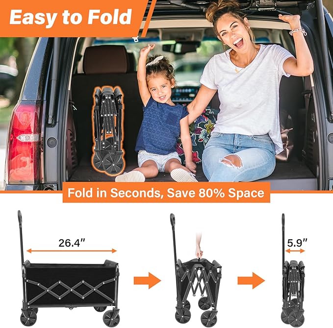 Wagons Carts Foldable, Collapsible Wagon with Wheels — Durable Folding Utility Pull Wagon Cart for Groceries, Picnic & Pets, Park Trips & Small Hauls, 280 lbs Heavy Duty Capacity,Graphite Black