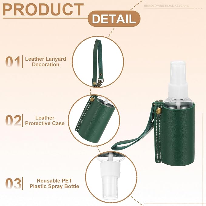uxcell Travel Empty Spray Bottles with Leather Bag Holders, 30ml Refillable Leakproof Bottle Travel Size, Portable Hand Soap Containers for Cosmetic Perfume Air Freshener,Dark Green