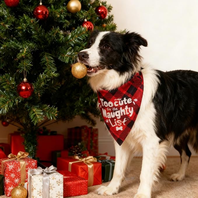 Christmas Dog Bandanas Naughty & Nice Idea Funny Holiday Stocking Pet Scarf Gifts - Too Cute for the Naughty List, Red Plaid, Extra Large Breed, 75lbs+