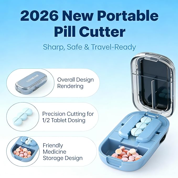 Precision Pill Cutter for Small and Tiny Pills, Sharp Blade with Storage Compartment, Travel-Friendly 1/2 Pill Splitter for Home/On-The-Go, Blue