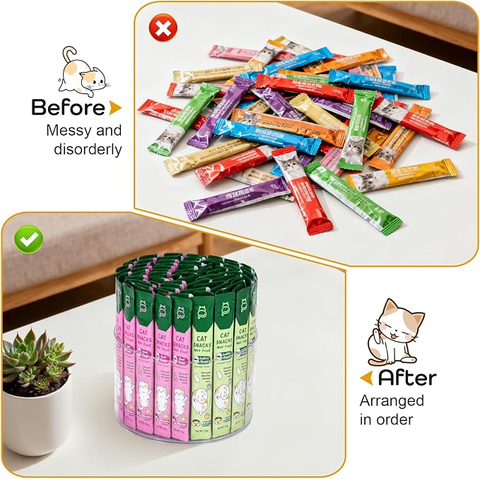 Lickable Cat Treats Organizer, Lazy Susan Acrylic Squeeze Up Cat Treats Storage Organizer with 4 Compartments, Wet Cat Treats Storage for Kitchen Cabinet Pantry Shelf Countertop