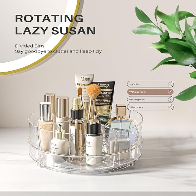 Lazy Susan Organizer, 9 inch Rotating Storage Organizer with Removable Bins | 360 Degree Rotating Storage Organizer with 4 Removable-Bins,Turntable Organizer for Fridge, Kitchen, Vanity, Cabinet