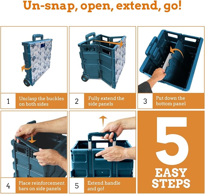Inspired Living Ultra-Slim Rolling Collapsible Storage Pack-N-Roll Utility-carts, with Telescopic Handle, for Home, Garden, Shopping, Office, School use, Large, Blue, Wave Print