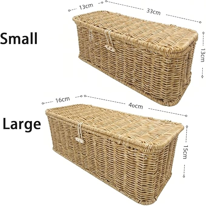 Handwoven Rattan Cable Management Box - Decorative Cord Organizer with Safety Lock, Large Boho Style Wire Hider for Desk, TV & Floor, Heat-Ventilated Power Strip Cover for Pet Proofing (#A, S)