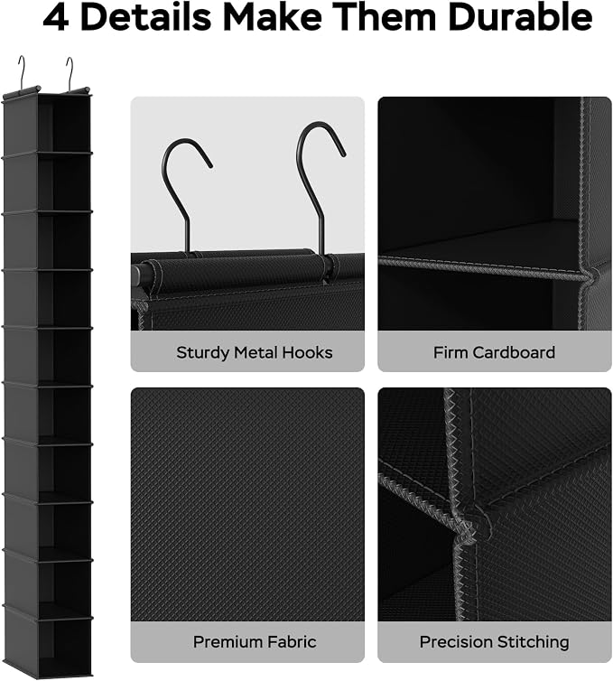 MAX Houser 2 Pack 10 Tier Foldable Hanging Shoe Organizer Black | Foldable Hanging Shoe Storage Shelf with 2 Metal Hooks, Space Saving Storage for Narrow Space