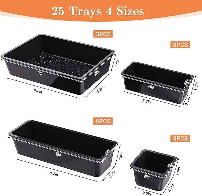 SpaceHacks 25 PCS Plastic Drawer Organizer, 4-Size Versatile Organizer Trays & storage Bins