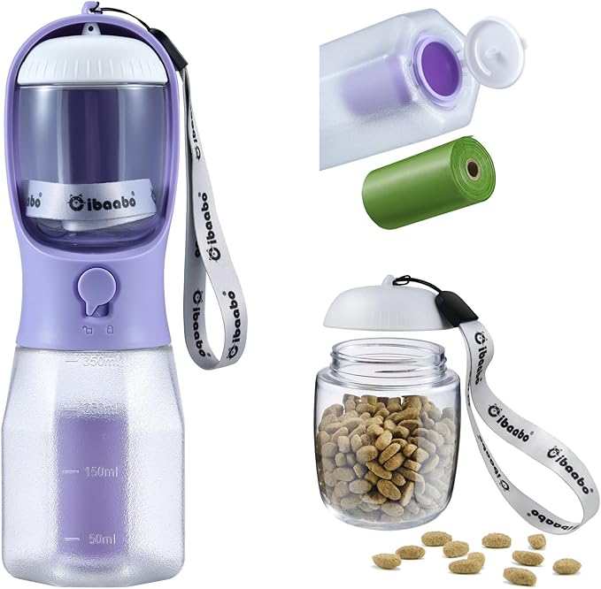 Cibaabo Dog Water Bottle with Food Container & Poop Bag Holder & Filter | Feeding & Hydration & Waste All in One | Travel Puppy Water Bowl | Portable Pet Dispenser | Girl Dog Accessories for Walking