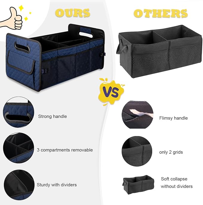 Car Trunk Organizer for SUV, Collapsible Car Storage Organizer Dark Blue | Sturdy, Large Capacity, Diamond Decor, Multi Compartment Container Box Adjustable Car Accessories for Sedan Truck