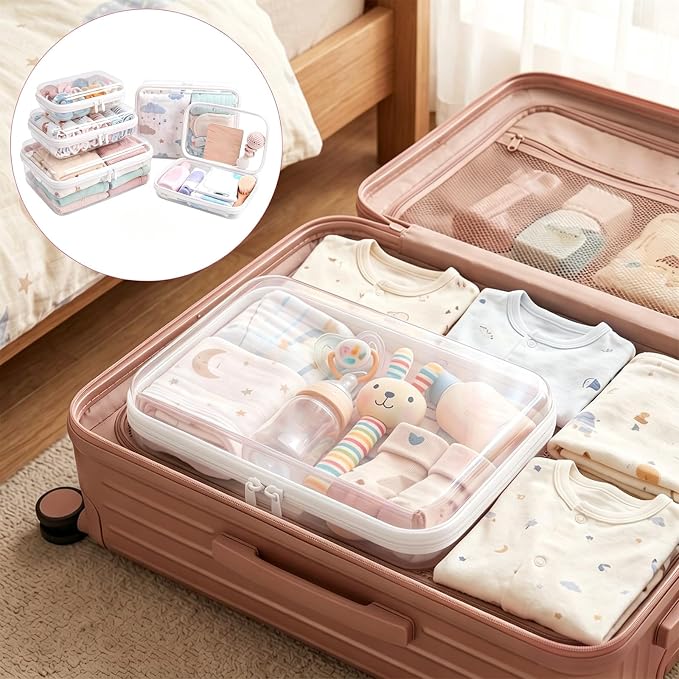 Clear Diaper Bag Organizer Pouches, Hard Shell Zipper Case for Baby Travel | 5 Pack Rigid 1.2 mm Clear PET Waterproof Organizer Pouches, Multi-Size Zipper Cases for Baby Essentials, Diapers Wipes