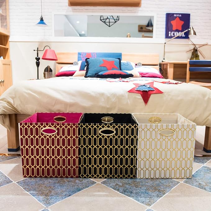 Posprica Storage Bins, Storage Cubes,13×13 Fabric Drawers Organizer Basket Boxes Containers (13×13×13/2pcs, Cream/gold geometry Pattern)