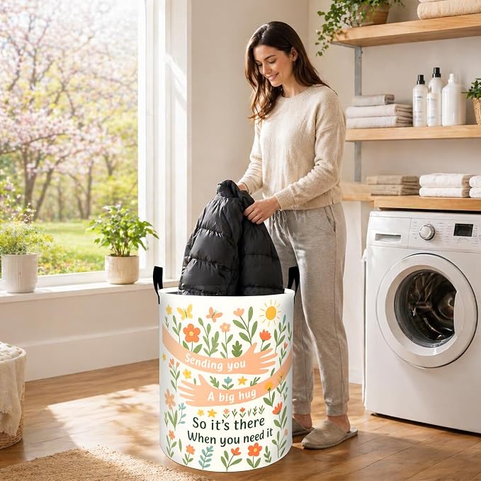 Hug Quote Laundry Basket, Whimsical Floral Hand Oxford Cloth Dirty Clothes Collapsible Hamper for Room Decor, Get Well Gifts, Toy Organizer 19.7 x 15.7 Inches for Bedroom Bathroom Dorm