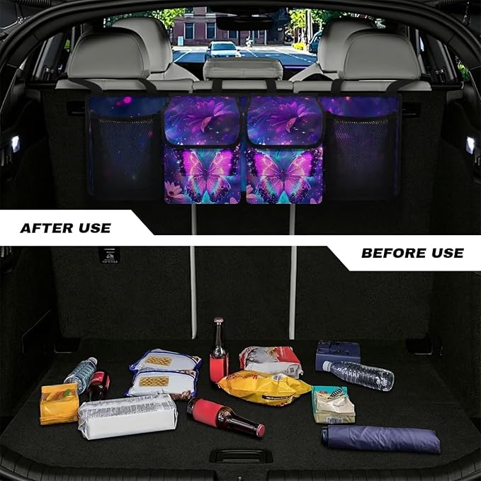 Dreaweet Purple Butterfly Trunk Organizer for Car Women,Large Capacity Car Backseat Hanging Organizer for SUV,Van,Car,Cargo Storage Collapsible with 4 Pockets Adjustable Straps
