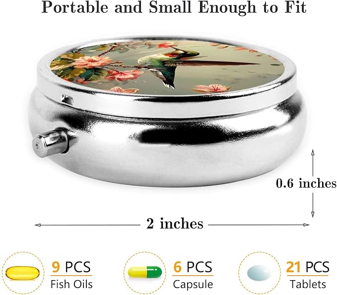 Pill Box, Small Pill Organizer with 3 Compartments and Mirror, Cute Round Portable Travel Metal Pill Case for Pocket or Purse, Privacy-Protecting Medicine Box-Hummingbird Flowers