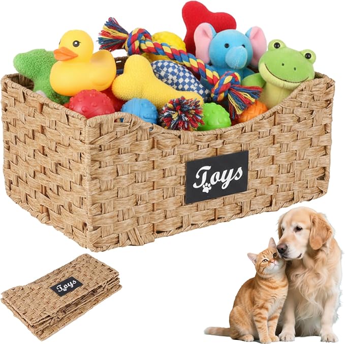 Dog Toy Basket Metal Wire Woven Dog Toy Storage Organizer, Foldable Storage Bin with Label, Decorative Pet Basket for Living Room,Bedroom,Playroom and Home Organization, Pet Owners and Families