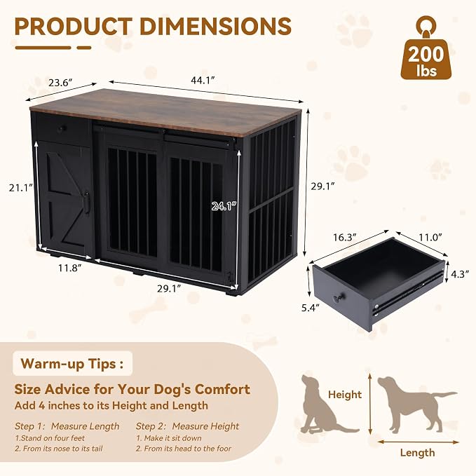 Verano Garden 44" Dog Crate Furniture, Dog Kennel (44" Left Facing Door) | 2-in-1, Lockable, Sliding Door, Removable Divider, Adjustable Shelf, Farmhouse, Heavy Duty, Small Medium Dogs, Black