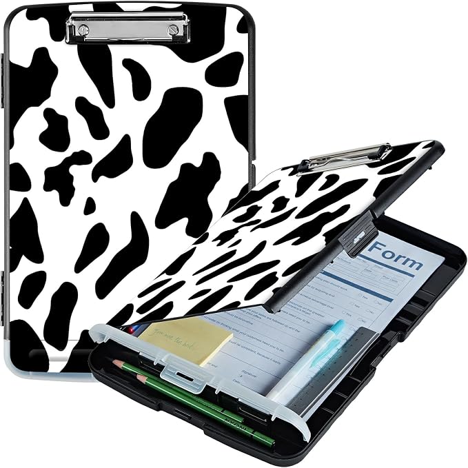 A4 Clipboard with Storage Pen Holder, Clipboards Organizer Nursing Clipboard Foldable File Folder Plastic Clipboard Folio Clip Board for Office Students Classroom Doctor Teacher, Cow Print