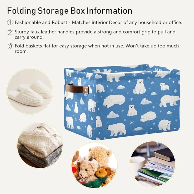 Kigai Storage Basket, Fabric Collapsible Closet Organizer Bin | Polar Bear Waterproof Foldable Canvas Basket with Handles for Shelves, Nursery, Closet, Bedroom & Bathroom