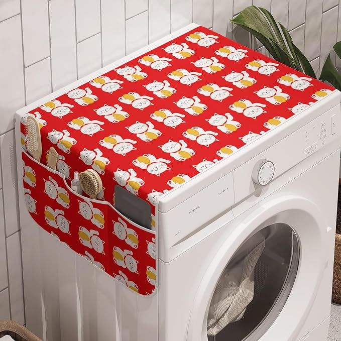 Ambesonne Japanese Cat Washing Machine Organizer Pack of 2, Lucky Maneki Neko Luck Fortune Prosperity Backdrop, Anti-Slip Cover for Washers Dryers, 47" x 18.5", Vermilion White