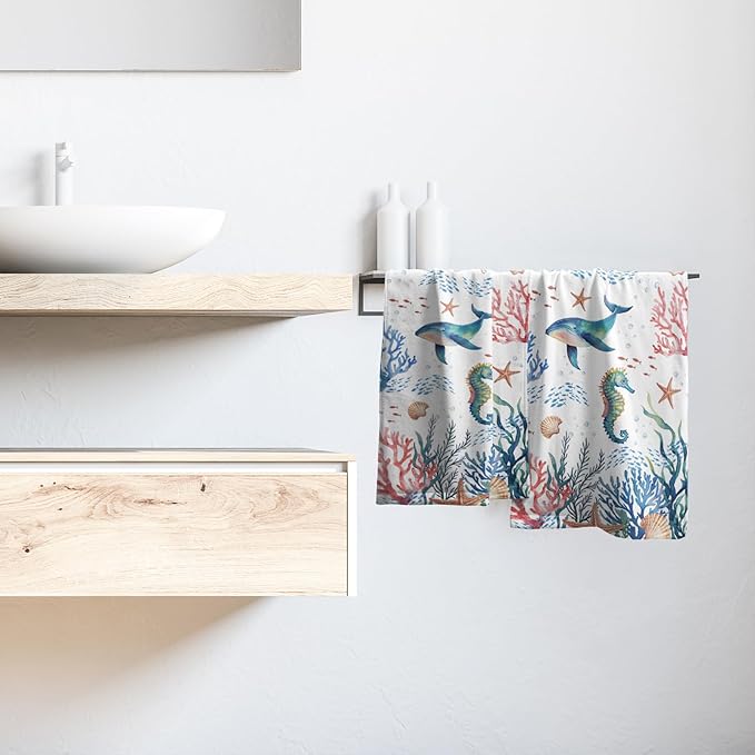Giwawa Coastal Ocean Hand Towels Set of 2 Seahorse Whales Soft Microfiber Bath Towels Summer Fingertip Towels for Bathroom Kitchen Gym Spa Decor
