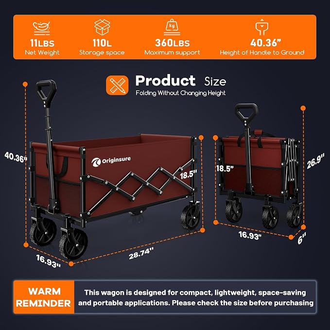 Originsure 110L Portable Collapsible Wagon Cart, 360lbs Heavy Duty, Red | All-Terrain Wheels,Solid Steel Frame,Adjustable Handle,Compact&Space-Saving,Utility for Camping,Sports,Grocery,Garden