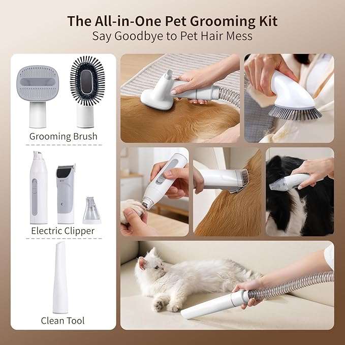 Dog Grooming Kit & Dog Grooming Vacuum with Suction, 6 in 1 Pet Grooming Vacuum for Shedding, Low Noise Dog Hair Vacuum with 1.5L Cup, Electric Dog Clippers for Grooming Thick Hair Cats & Dogs